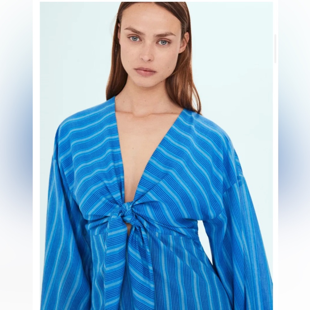 New! Mango X Simon Miller XS/2 Blue Striped Dress with knot detail. - Picture 8 of 12